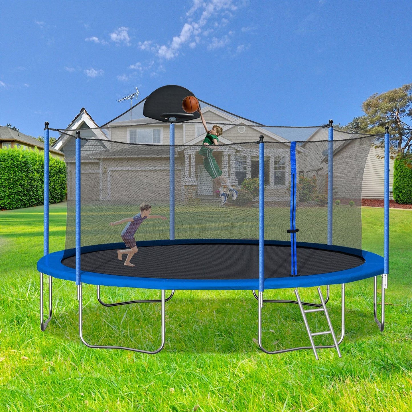14FT Trampoline for Adults & Kids with Basketball Hoop Outdoor - Luceroclub.com